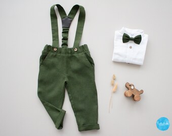 green baby wedding suit, page boy pants, baby baptism suspender outfit- 2 pcs boy linen outfit: pants with suspenders + bow tie