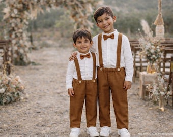 SALE -UK 6-7- Boys baptism outfit, ring bearer outfit, wedding suit, boys suit - 2pce linen outfit: caramel pants with suspenders + bow tie