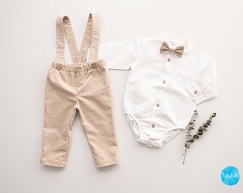 Baby Jungen Taufoutfit, Ringträgeranzug, Trägerhose, Hochzeitsoutfit - 2tlg Set: graue Cord Hose mit Hosenträger + weißes Body Leinen Hemd