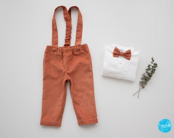 rust corduroy boys wedding outfit, baptism outfit, page boy suit - 2pcs boys outfit: pants with suspenders + bow tie