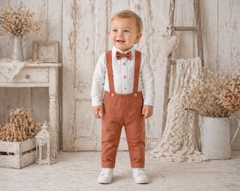 Sale -size UK 9-12- Baby boy baptism outfit, wedding outfit, page boy suit, boys suit, wedding suit - copper corduroy pants with straps