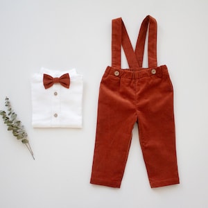 rust corduroy boys wedding outfit, baptism outfit, page boy suit - 2pcs boys outfit: pants with suspenders + bow tie