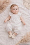 Baby girl white ruffled christening romper, christening outfit, overalls, dungarees, jumpsuit, playsuit made of muslin (organic cotton)
