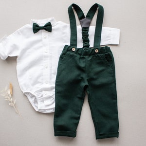 green page boy wedding outfit, baptism outfit, page boy suit, ring bearer suit - 2 pcs boy linen set: pants with straps + white bodysuit