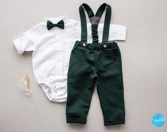 green page boy wedding outfit, baptism outfit, christening outfit, ring bearer suit - 2 pcs boys linen set: suspender pants + white bodysuit