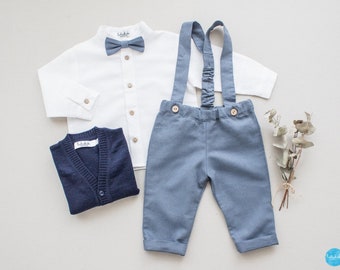 boy wedding suit, baptism outfit, ring bearer suit - 4pcs linen outfit: blue pants with straps + bow tie + shirt + cardigan 100% wool