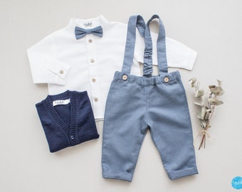 blue boys suspender outfit, ring bearer outfit, page boy suit, suspender boys wedding suit, toddler linen outfit