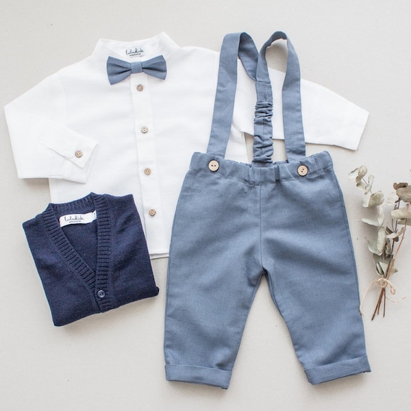 blue boys suspender outfit, ring bearer outfit, page boy suit, suspender boys wedding suit, toddler linen outfit