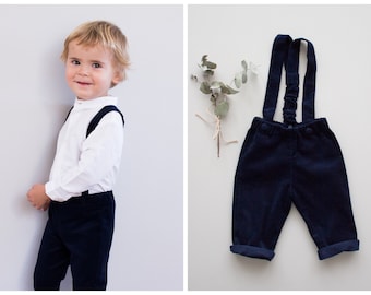 Sales - Gr. 62 / 0-3 month - baby boy baptism outfit, bib pants, baptism pants, festive pants, boy pants - dark blue corduroy pants with suspenders