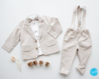 Sale - Gr. 98/ 2-3 Jahre - Jungen Leinen Anzug Ringträgeranzug Hochzeitsoutfit Taufoutfit - 3tlg beige Leinen Set: Hose + Hemd + Sakko