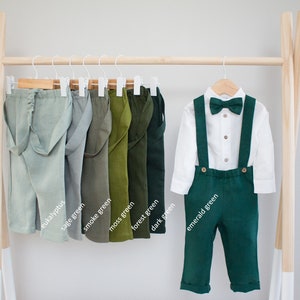 Costume de baptême bébé garçon, vêtements de baptême en lin, tenue de baptême, pantalon de baptême, costume porteur d'anneau pantalon en lin vert fumée avec bretelles image 3