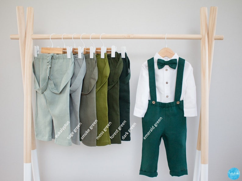 Costume de baptême bébé garçon, vêtements de baptême en lin, tenue de baptême, pantalon de baptême, costume porteur d'anneau pantalon en lin vert fumée avec bretelles image 3