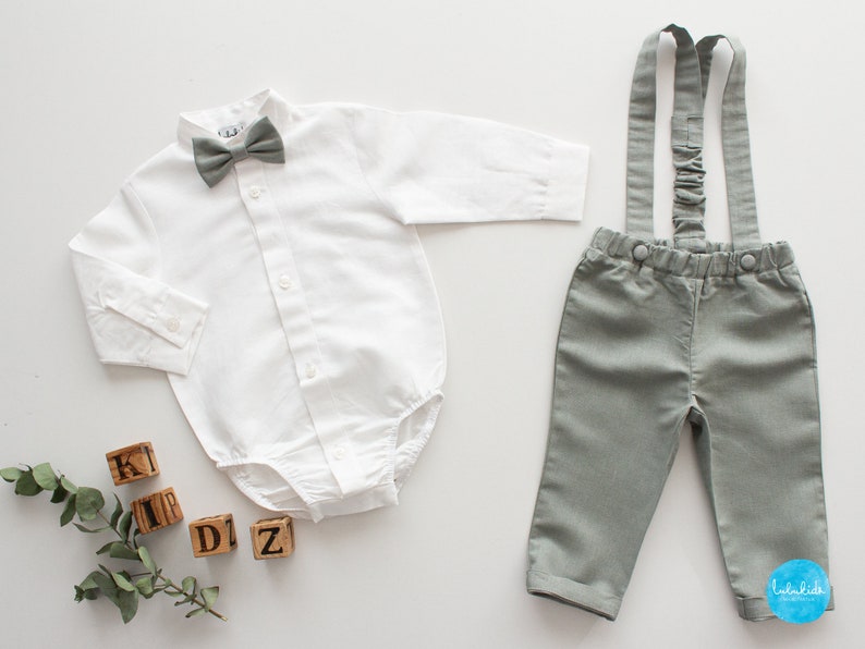 sage green linen pants for baby boy ring bearer outfit, toddler pants, paptism suit ready-to-ship pt+bodysuit+bow tie