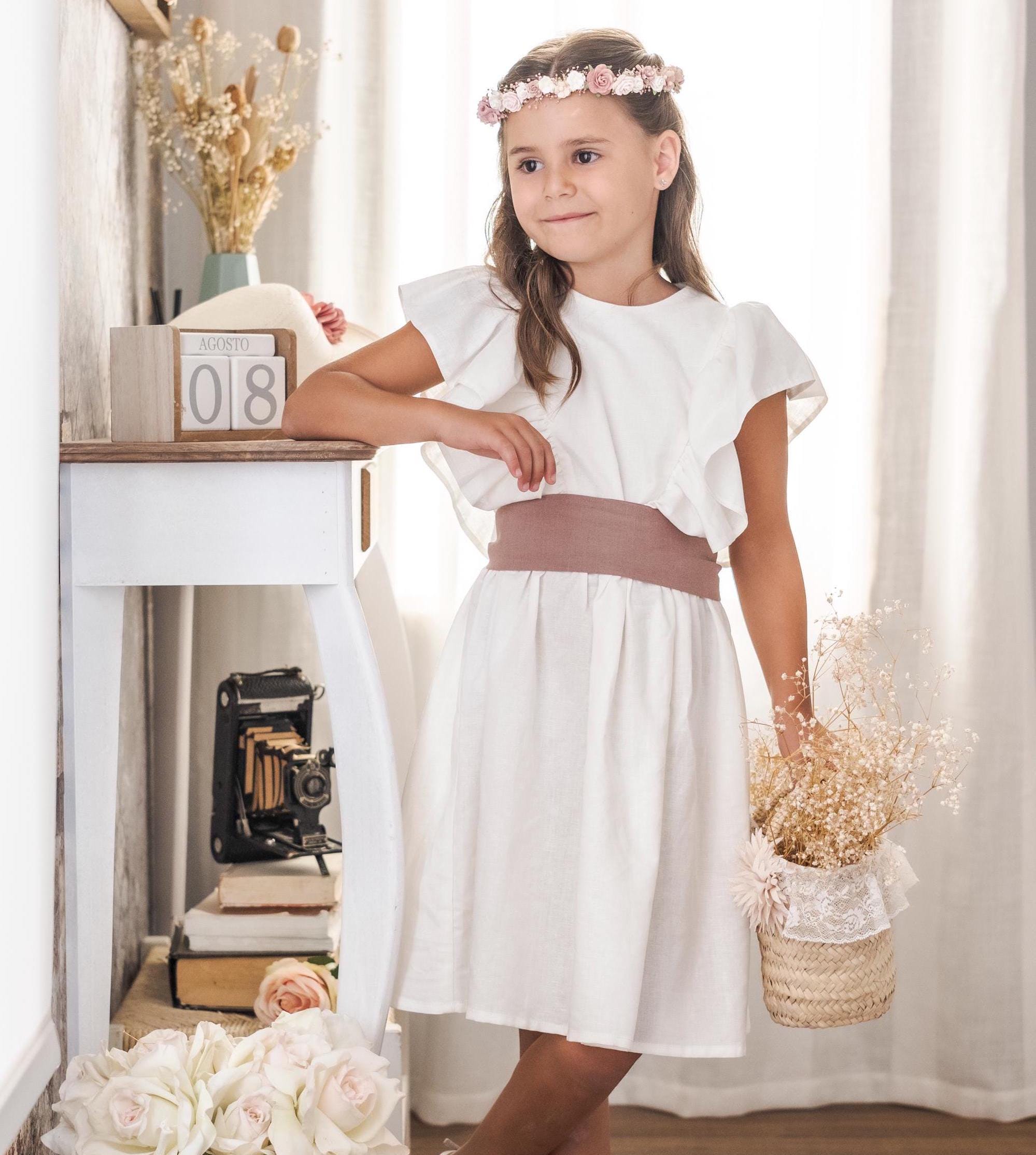 flower girl dress, girl wedding outfit, communion dress, baptism outfit - 2pcs girls linen dress: white dress with ruffles + sash bow