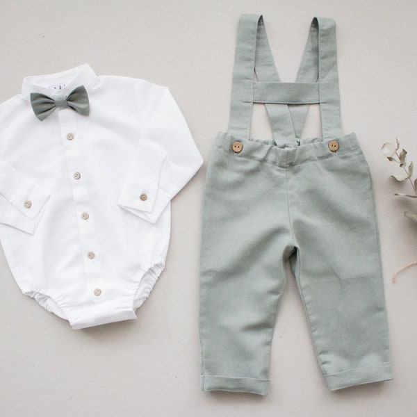 sage green baby boy wedding outfit, ring bearar suit, toddler suspender pants, baptism outfit - 2 pcs linen set: pants + white bodysuit