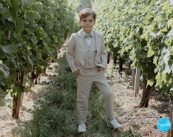 Traje de niño para portar anillos, traje de boda - Conjunto de lino de 4 piezas: pantalón + camisa + chaqueta + pajarita infantil