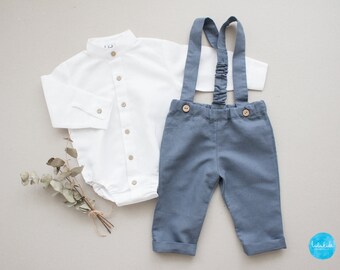 Vêtements de baptême pour garçons, pantalons de baptême, tenue de porteur d’anneau - Pantalon en lin bleu avec bretelles - Prêt à expédier