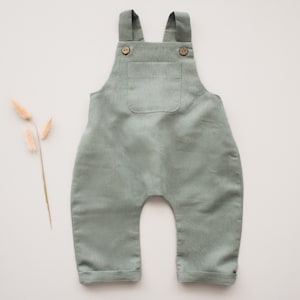 Boys sage green linen dungarees with pocket