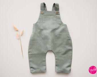 Boys sage green linen dungarees with pocket