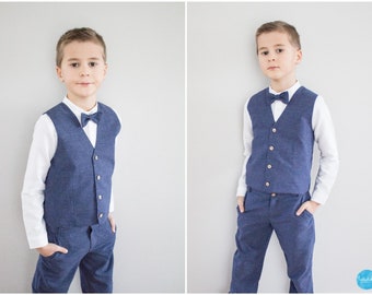 blue toddler boys wedding outfit ring bearer page boy suit 4pcs outfit: pants  + white shirt + vest + bow tie made of chambray