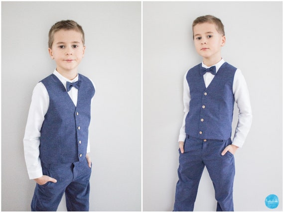 Blue Toddler Boys Wedding Outfit Ring Bearer Page Boy Suit 4pcs Outfit:  Pants White Shirt Vest Bow Tie Made of Chambray 