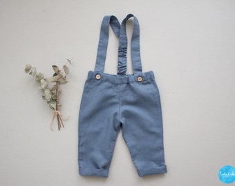 linen suspender pants, page boy outfit, ring bearer pants, christening suit, pants with bow tie