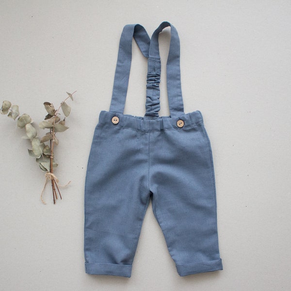 linen suspender pants, page boy outfit, ring bearer pants, christening suit, pants with bow tie