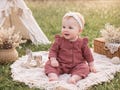 SALE - Size 3-6 - Baby girl romper, jumpsuit, overalls, dungarees, play suit - red long-sleeved muslin (organic cotton) ruffled romper
