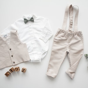 toddler ring bearer vest outfit, wedding page boy outfit suit, boys linen pants with waistcoat - 2pcs linen outfit: suspender pants + vest