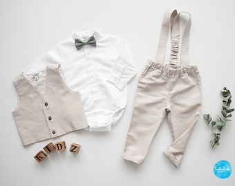 Jungen Taufkleidung, Taufoutfit, Ringträger Outfit, Hochzeitsanzug  - 2tlg. Leinen Jungen Outfit: Hose mit Hosenträgern + Weste