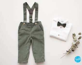 Boy baptism outfit, page boy suit, wedding outfit, carrierpants - 2pcs smoke green corduroy boy outfit: pants with suspenders + bow tie