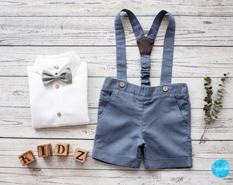 ring bearer wedding outfit, page boy outfit, baptism outfit - 2 pcs toddler linen outfit: shorts with suspenders + bow tie