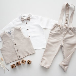 beige ring bearer outfit, page boy suit with vest, flower children outfit - 2pcs linen set: suspender pants + vest