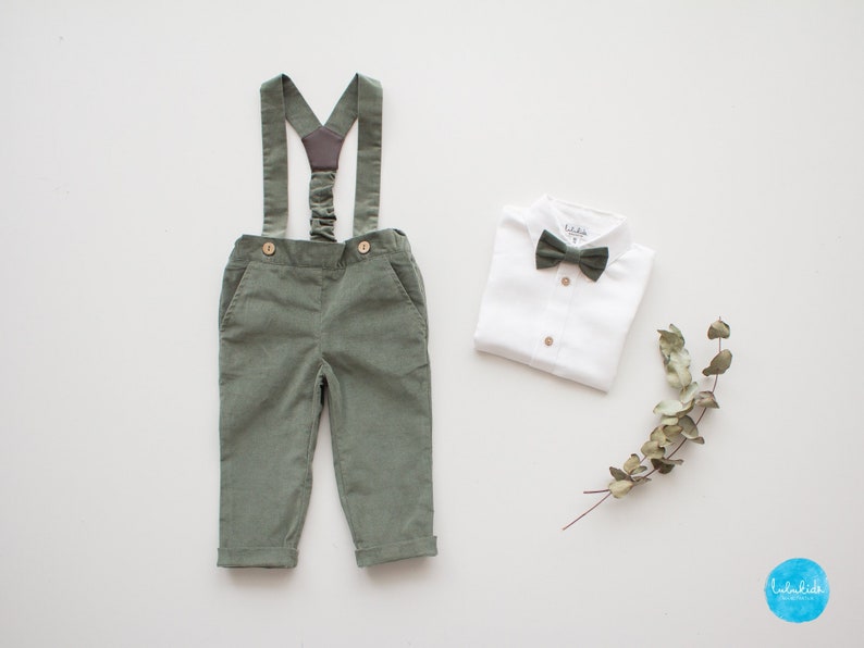 Baby Jungen Taufkleidung, Taufoutfit, Taufhose, Trägerhose Cordhose mit Hosenträger pants + bow tie
