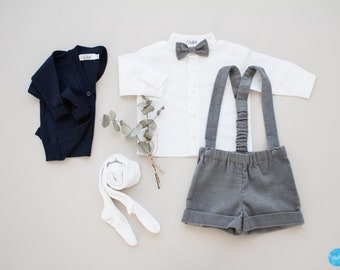 Boy baptism outfit, ring bearer suit - 4pcs grey corduroy set: shorts with straps + linen shirt + bow tie + cardigan from 100% wool (merino)