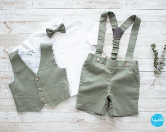 Jungen Taufoutfit Kinder Hochzeitsanzug Ringträgeroutfit PageBboy Anzug  - 2tlg smoke green Leinenoutfit: Shorts mit Hosenträgern + Weste