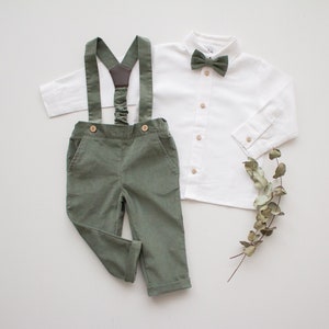 Baby Jungen Taufkleidung, Taufoutfit, Taufhose, Trägerhose Cordhose mit Hosenträger pants+shirt+bow tie