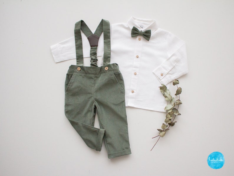 Baby Jungen Taufkleidung, Taufoutfit, Taufhose, Trägerhose Cordhose mit Hosenträger pants+shirt+bow tie