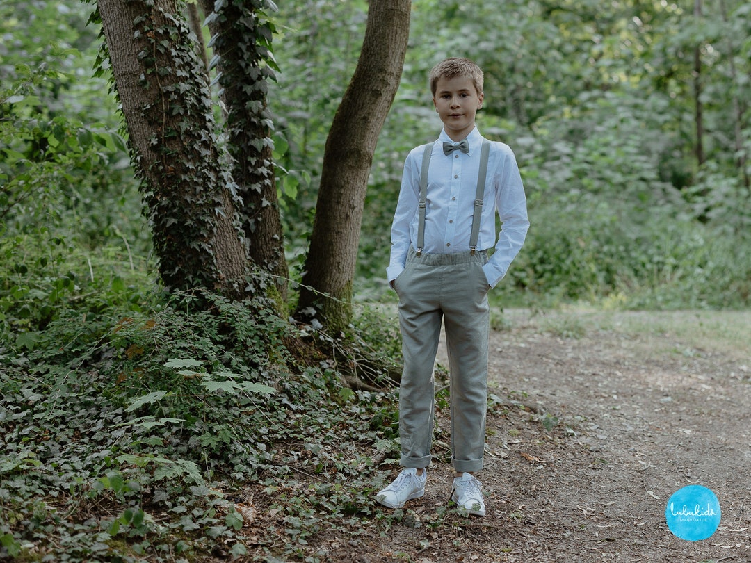 Sage Green Ring Bearer Outfit, Toddler Pants, Boys Weddding Suspender
