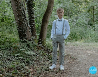 2 parti Completo in lino verde salvia per ragazzi: pantaloni + bretelle - completo da matrimonio per ragazzi, completo da portatore dell'anello, completo da battesimo