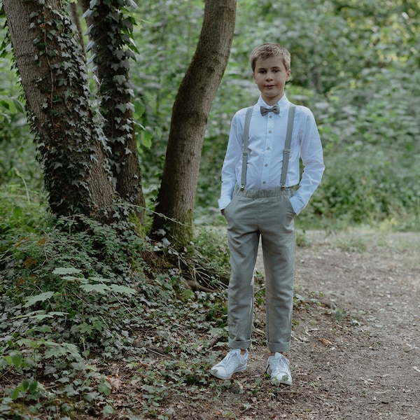 2tlg. Jungen sage green Leinenoutfit: Hose + Hosenträger - Jungen Hochzeitsoutfit, Ringträgeroutfit, Taufanzug