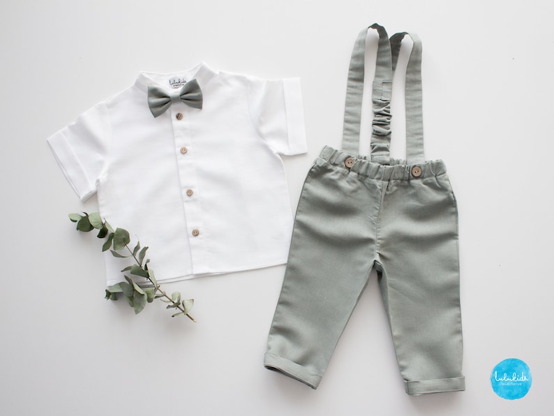 toddler ring bearer clothes, boys suspender outfit, 4pcs set for beeach wedding blazer, pants, shirt, bow tie image 6