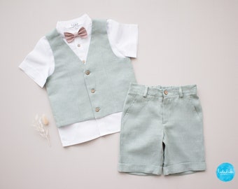 Tamaño de oferta 116 Traje de novio niño verde eucalipto, traje porta anillos, traje niño - conjunto de lino 3 piezas: pantalón corto + chaleco + camisa