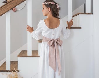flower girl dress, girl wedding outfit, communion dress, baptism outfit - 2pcs girls linen dress: long white dress with ruffles + sash bow