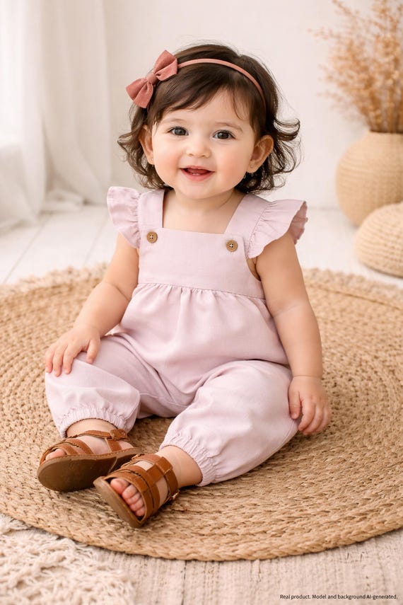 Baby Girl Pink Ruffled Linen Romper - Baby Christening Romper, Christening Outfit for Girls, overall, Dungarees, Playsuit, Playsuit