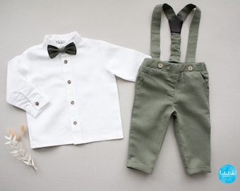 Ropa de bautismo de niño, traje de bautismo, pantalones de bautismo, traje de portador de anillo, pantalones de babero - pantalones de lino verde humo con tirantes - Listo para enviar