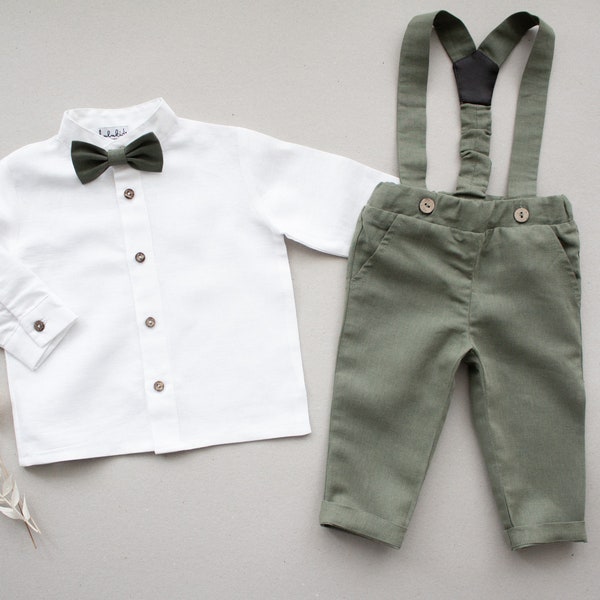 smoke green page boy outfit, linen suspender pants, toddler wedding outfit, ring bearer suit, baptism linen pants - ready-to-ship