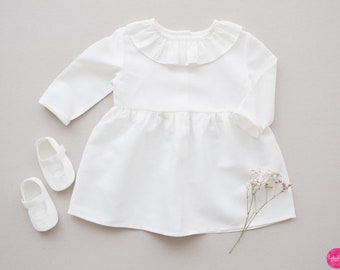 SALE Gr. 80 - Baby Mädchen weißes Taufkleid, festliches Leinenkleid mit Rüschen Kragen