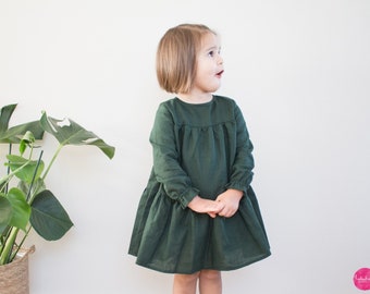 dunkelgrünes Mädchen Leinenkleid - Babykleid Mädchenkleid Stufenkleid Volantkleid Taufkleid Taufoutfit Blumenmädchenkleid Hochzeitsoutfit