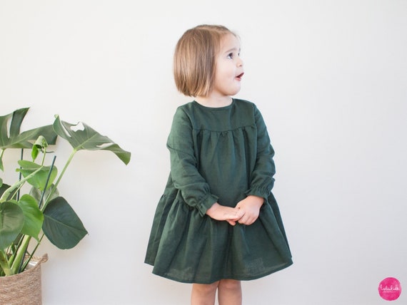 Dark Green Girl Linen Dress - Girls Dress, Flounce Dress, Christening Robe, Baptism Outfit, Flower Girl Dress Wedding outfit,birthday Outfit